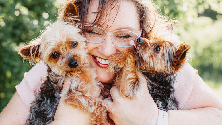 Lady smiling, holding two Yorkshire terriers as one licks her face